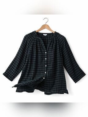 J. Jill Black Dark Green Plaid Button-Up Blouse V Neck Loose Fit Sz M Cotton Ble